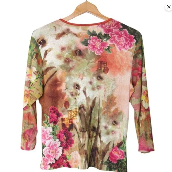 Vibrant Floral Print Blouse Top 3/4 Sleeve Frog Closure Accent Stretch Shirt - Picture 3 of 9
